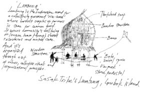 Drawing of a lumbung, a communal rice barn where the surplus harvest is stored for the benefit of the community. The drawing is sketchy, with the bamboo rice barn in the center and black figures representing people below. Around the drawing handwritten text explaining the lumbung.