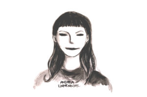 Comic-like black and white drawing depicting Andrea Linnenkohl. She wears dark, long, straight hair behind her ears and straight bangs. She has an oval face, her dark eyes have long eyelashes and she smiles easily.