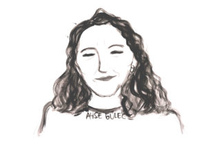 Comic-like black and white drawing depicting Ayşe Güleç. She has dark curly hair down to her shoulders, closed eyes with long eyelashes, an earring and a friendly smile.