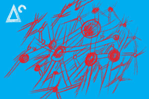 Eine Zeichnung. Rote Formen auf blauem Grund.