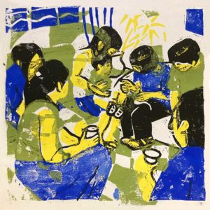 Color printing from woodcut shows a group of people sitting together, a child is on the lap, some have cups in their hands, the mood is warm, in blue, yellow and green colors.