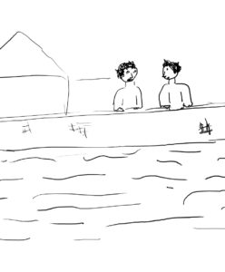Eine Zeichnung mit einfachen Strichen zeigt zwei Menschen an einem Haus, am Wasser.