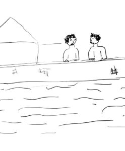 A drawing with simple strokes shows two people at a house by the water.