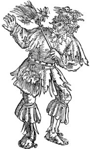 An emblematic drawing from the 16th century in black and white shows an elderly, confused man with a nest and a bird on his head, trying to ward off flying insects with a broom.