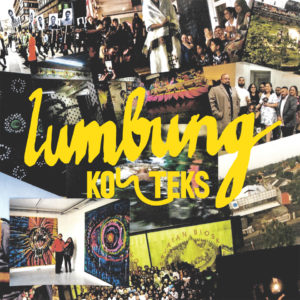 A collage of various group photos of lumbung members. In the middle of it a yellow squiggly big inscription 