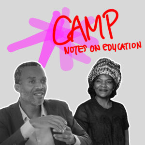 Black and white photo: A woman and a man look friendly smiling. Above her a bright pink and red inscription: 'Camp notes on education'.