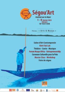 A blue poster with the festival program. A person standing on a boat.