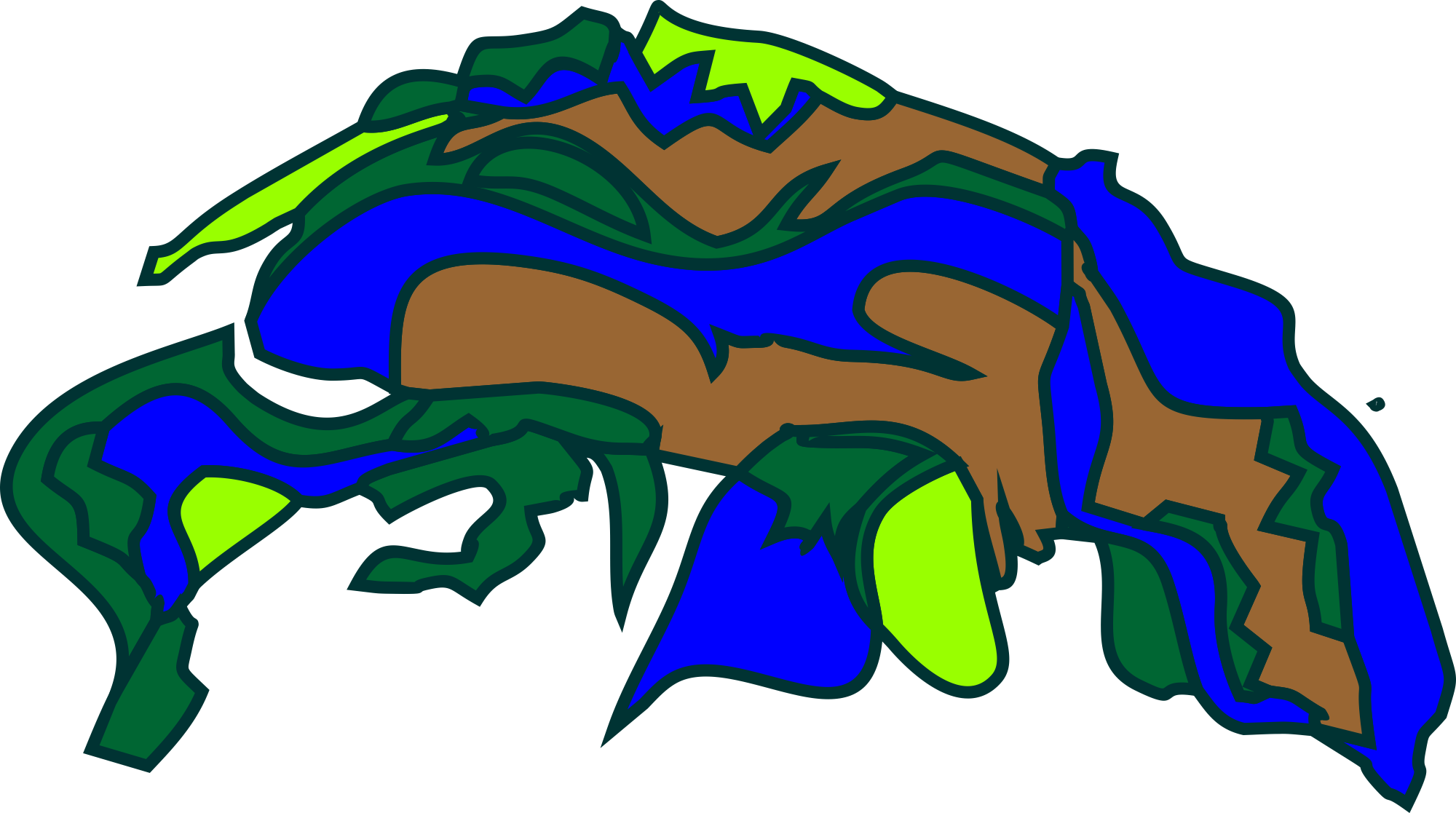 A digital drawing, bright green-brown-blue colors