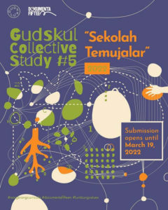 A blue-green-orange colored poster with program inscription