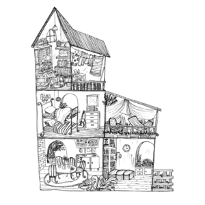 A cross section of a drawn multi-storey house in black and white.