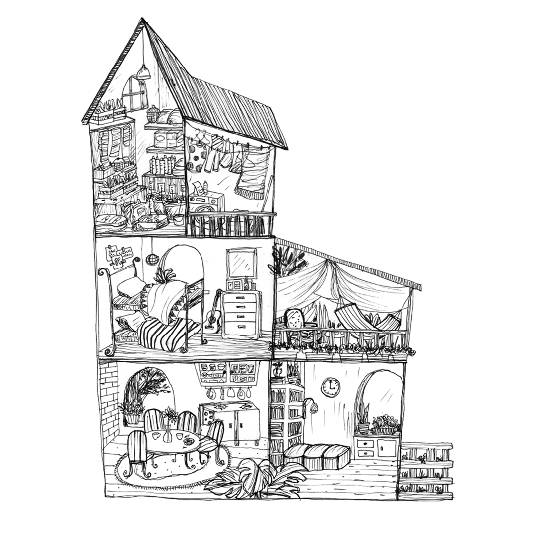 Ein Querschnitt von einem gezeichneten mehrstöckigen Haus in Schwarz-Weiß. Man kann in die einzelnen Zimmer sehen, die wohnlich eingerichtet sind.
