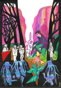 A colorful imaginative drawing with people in a forest.