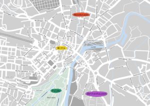 Eine Karte von Kassel mit rote, gelb, grün und lila