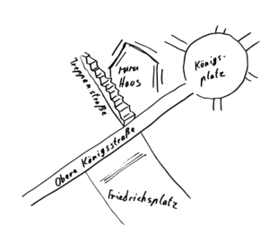 A map sketched by hand with Königsplatz, ruruHaus, Treppenstraße, Obere Königsstraße and Friedrichsplatz drawn in.
