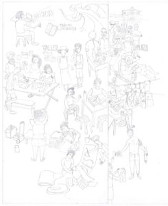A black and white drawing of people in everyday situations.